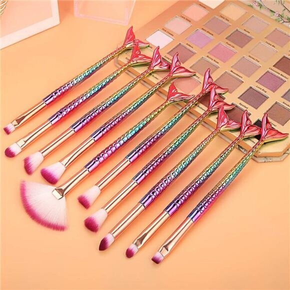 Mermaid Tail Makeup Brush Set 10 Pcs Eye Brushes Eyeshadow Concealer Brow Blend - Picture 5 of 7